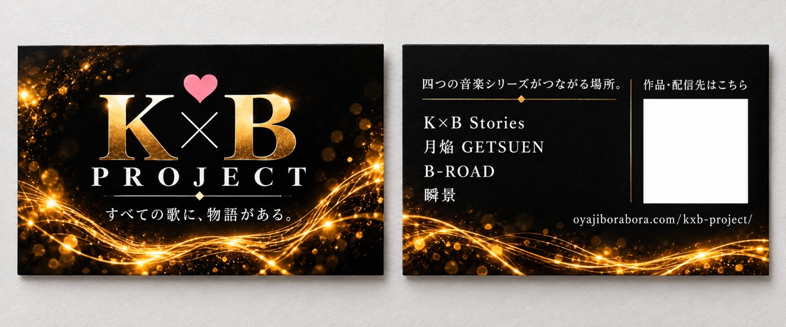 K×B PROJECTカードの表と裏のデザイン案。裏のQR部分は白い仮枠