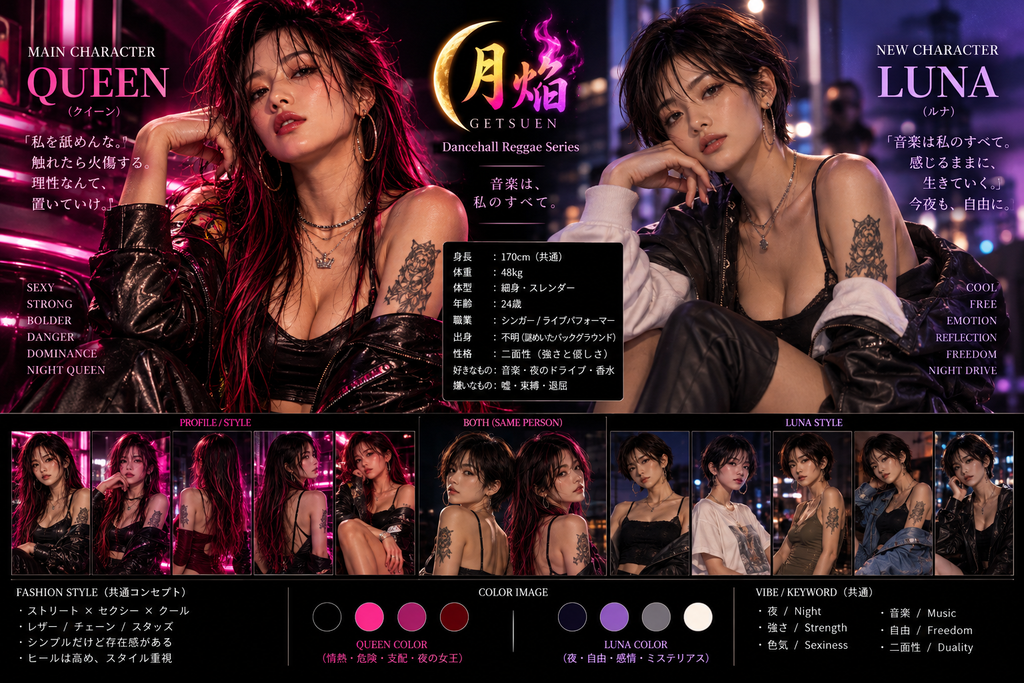 月焔(GETSUEN)のQUEENとLUNA。一人の女性が持つ、焔のような強さと月のような静けさを表したビジュアル。