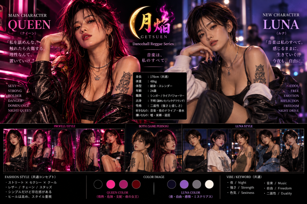 配信版の月焔QUEENとLUNAのキャラクター設定画像。衣装や表情を新たに設定したコンセプト。