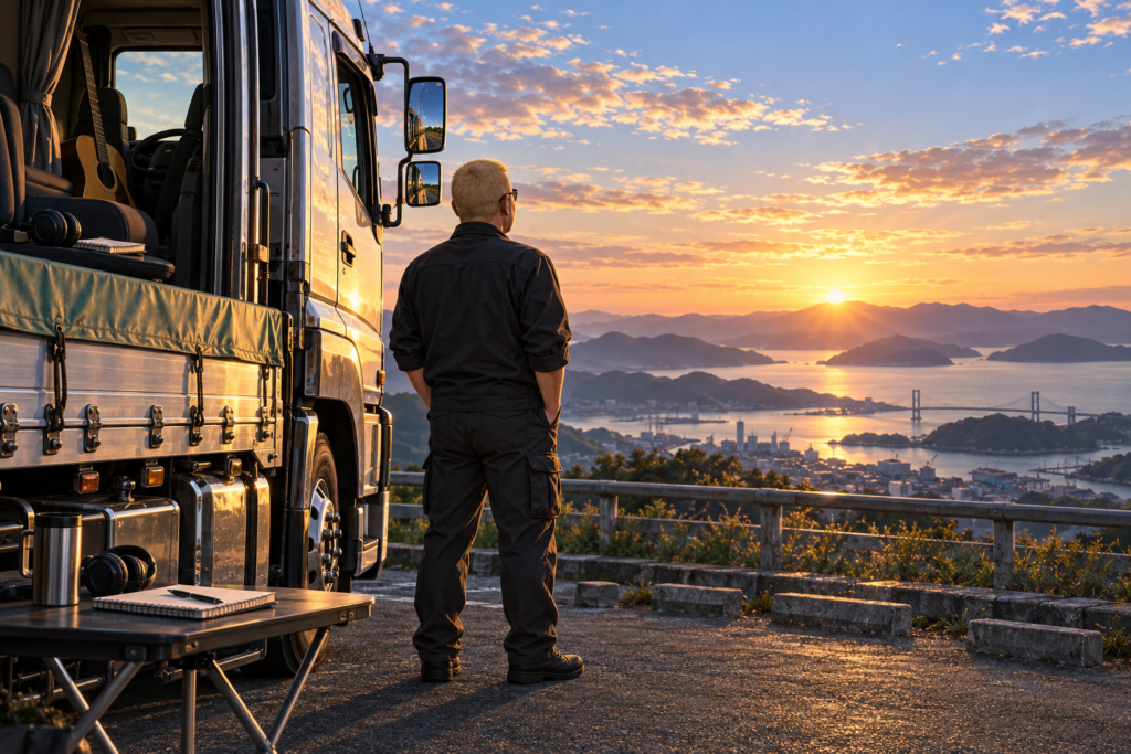 朝焼けの景色を平車のそばで眺める金髪坊主にサングラス姿の運転手