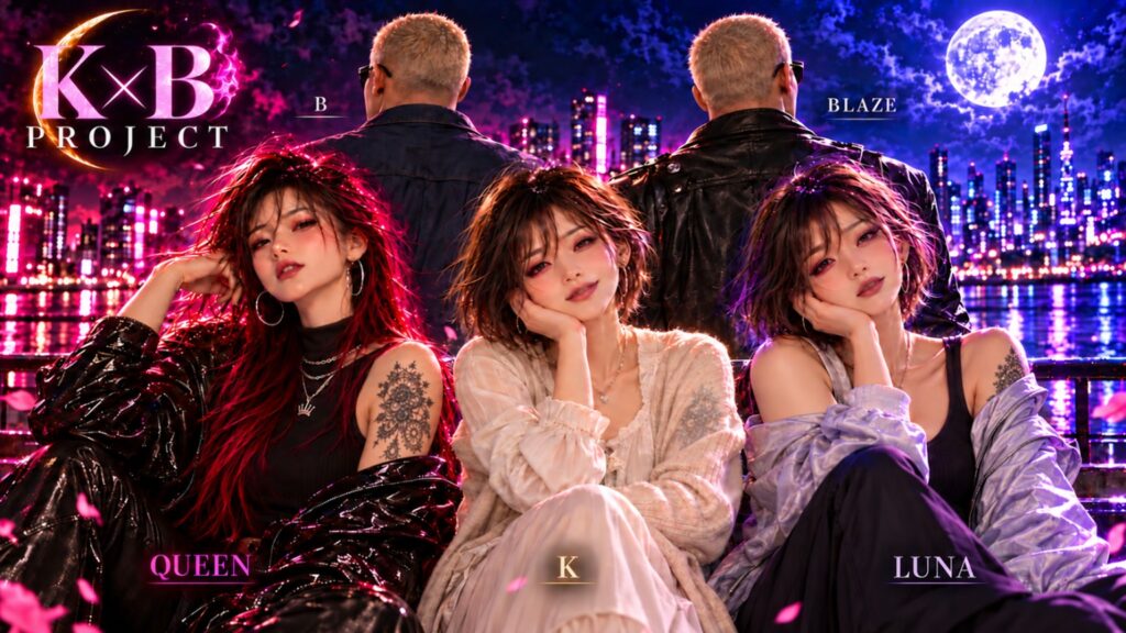 K×B PROJECTの登場人物、QUEEN・K・LUNAとB・BLAZEが集まったメインビジュアル
